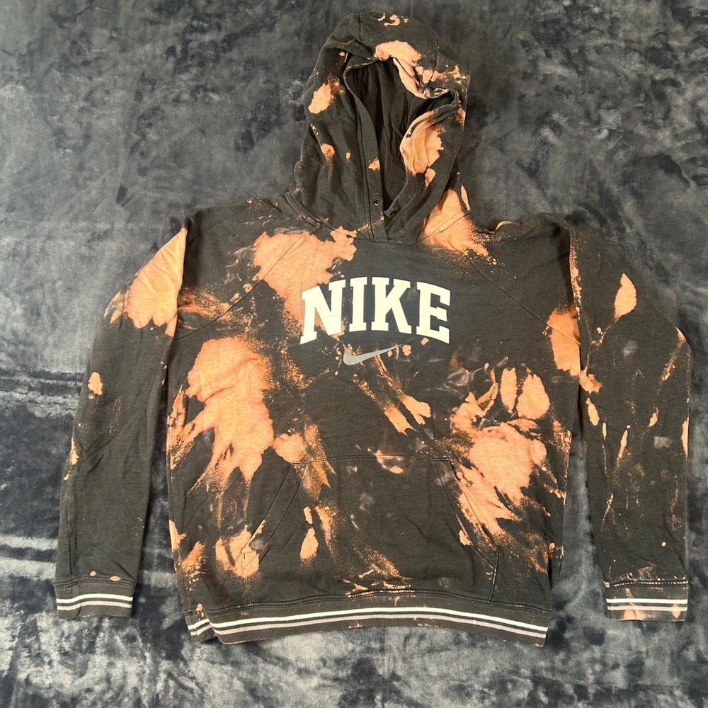 Nike Hoodie Mens Size M Black Orange Bleach Tie‎ Dye Graphic Logo  Sweatshirt